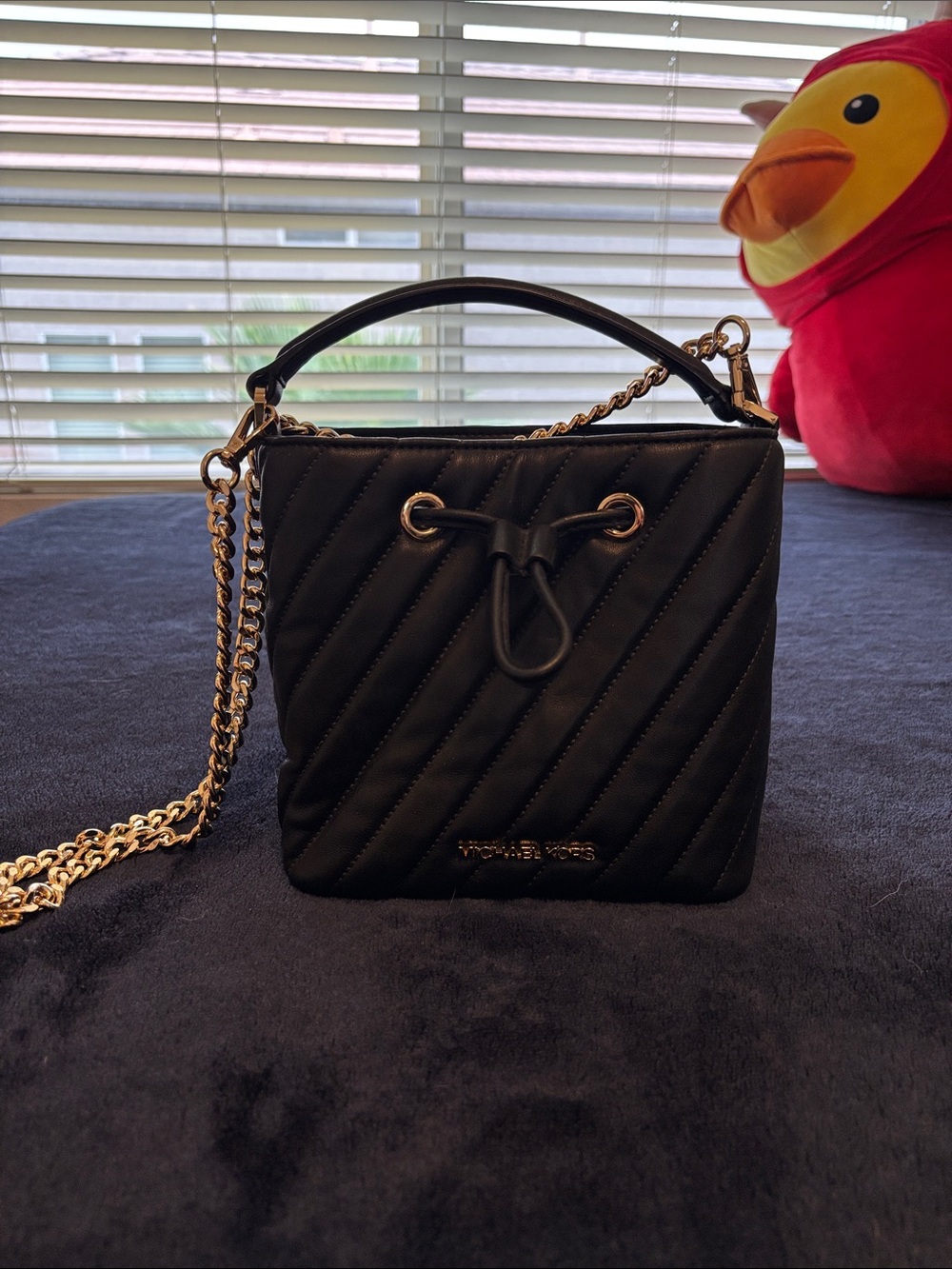 Michael Kors Black Quilted Leather Crossbody with Gold Chain Detail